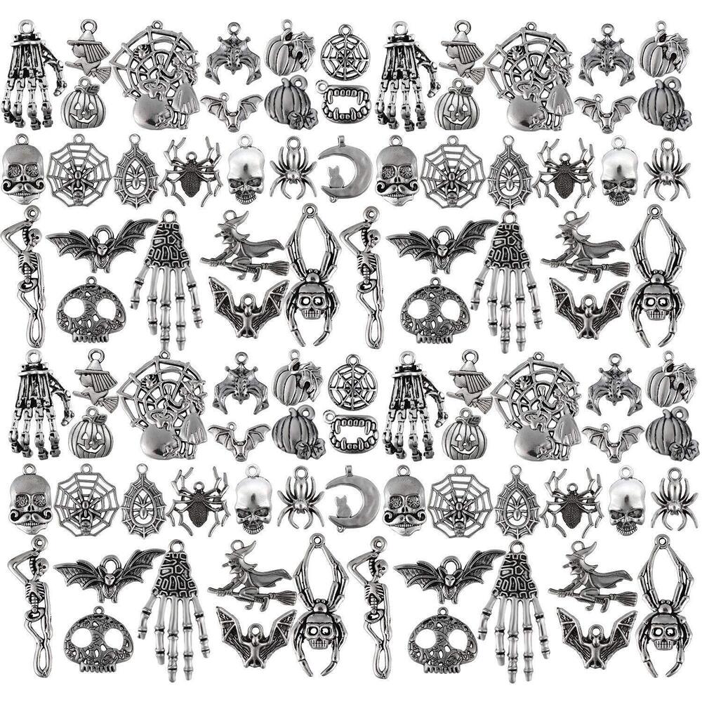 8574 80 Pieces Antique Silver Pendants Charms Pendants Halloween Jewelry
